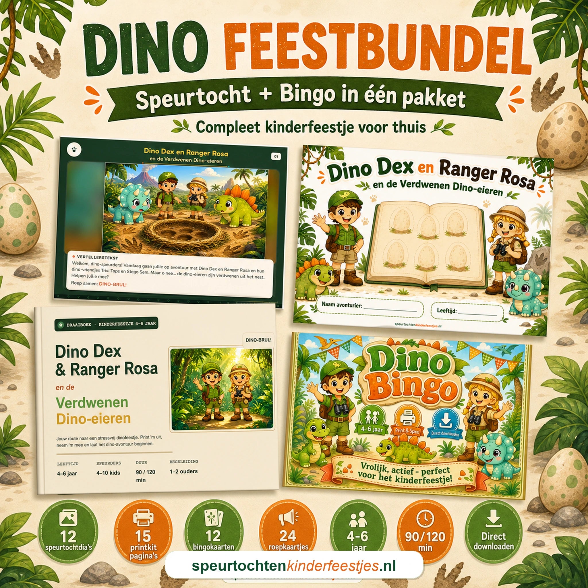 Mockup van de Dino feestbundel met speurtocht, printkit, draaiboek en bingo
