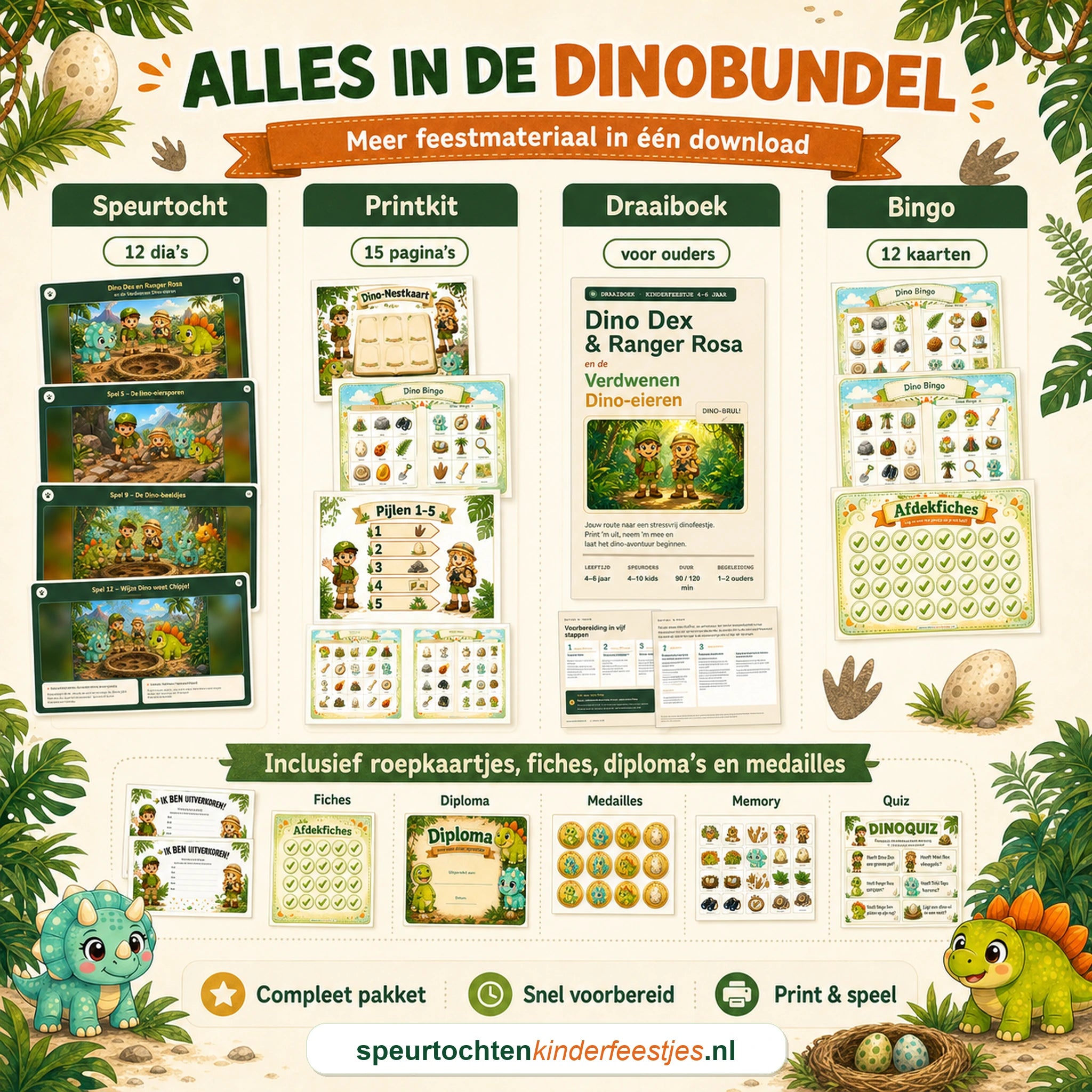 Overzicht van de Dino bundel met speurtocht, printkit, draaiboek, bingo en extra feestmateriaal