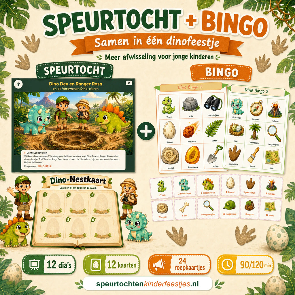 Dino bundel met speurtocht en bingo als twee activiteiten in een pakket