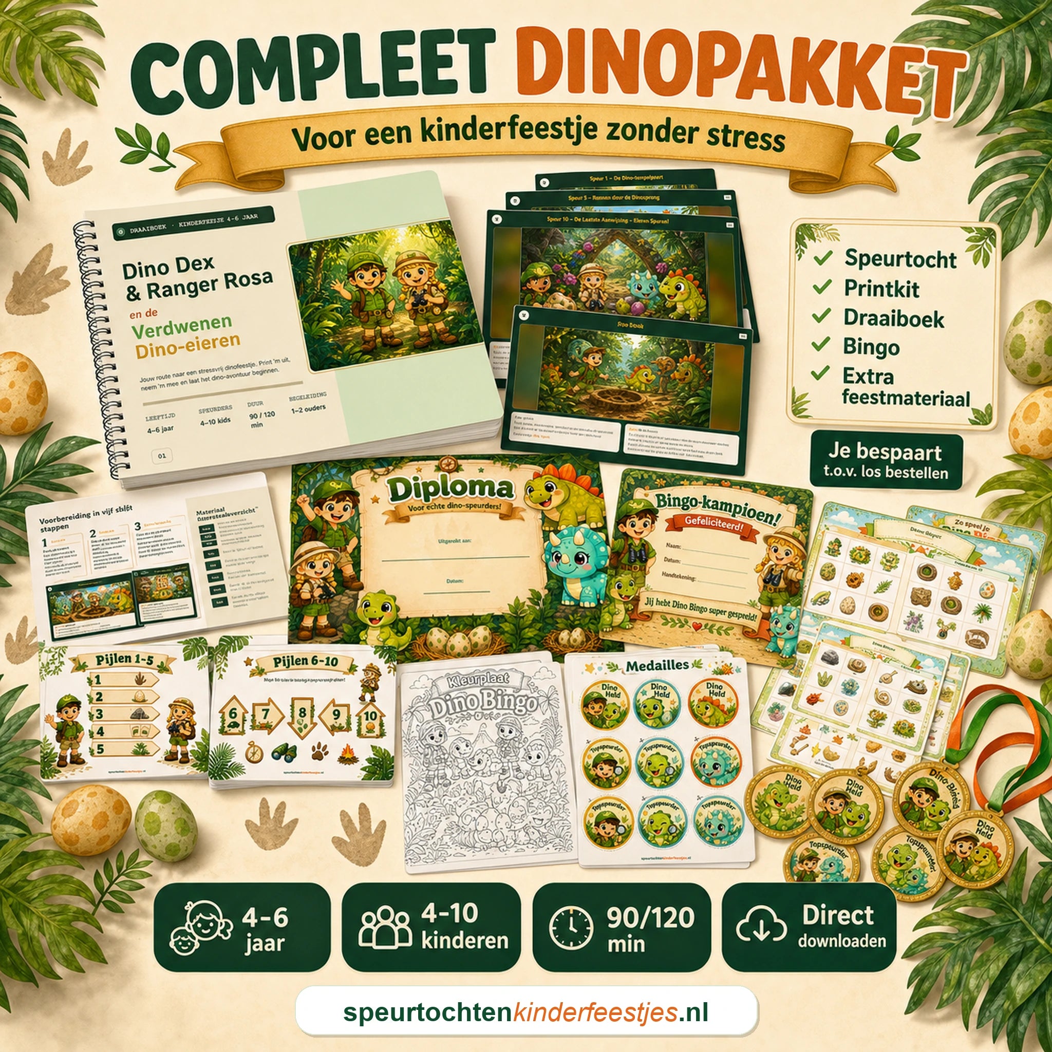 Compleet Dino pakket met speurtocht, printkit, draaiboek, bingo en extra feestmateriaal