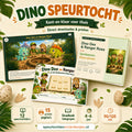 Mockup van de Dino speurtocht met speurtocht, printkit en draaiboek voor een kinderfeestje thuis