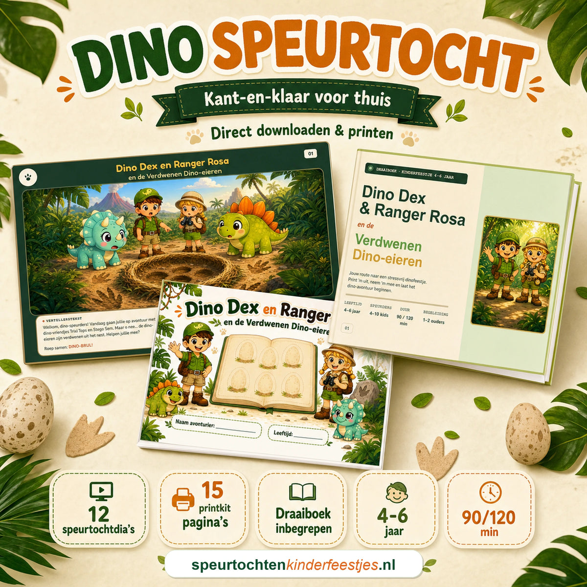 Mockup van de Dino speurtocht met speurtocht, printkit en draaiboek voor een kinderfeestje thuis