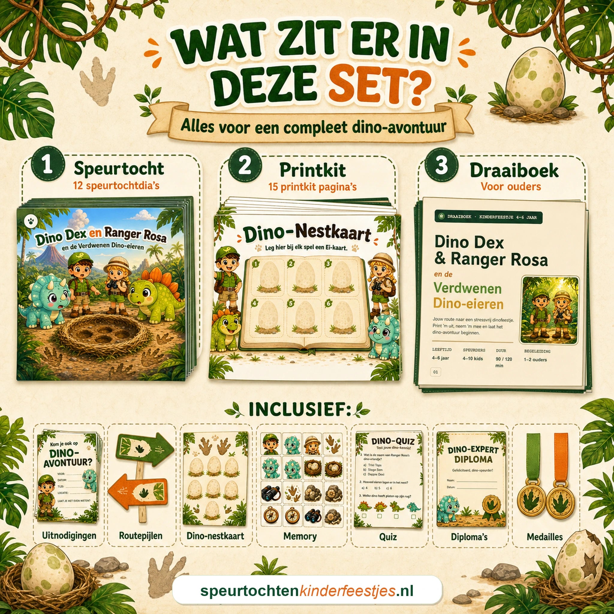 Overzicht van de Dino speurtocht set met speurtochtdia's, printkit en draaiboek
