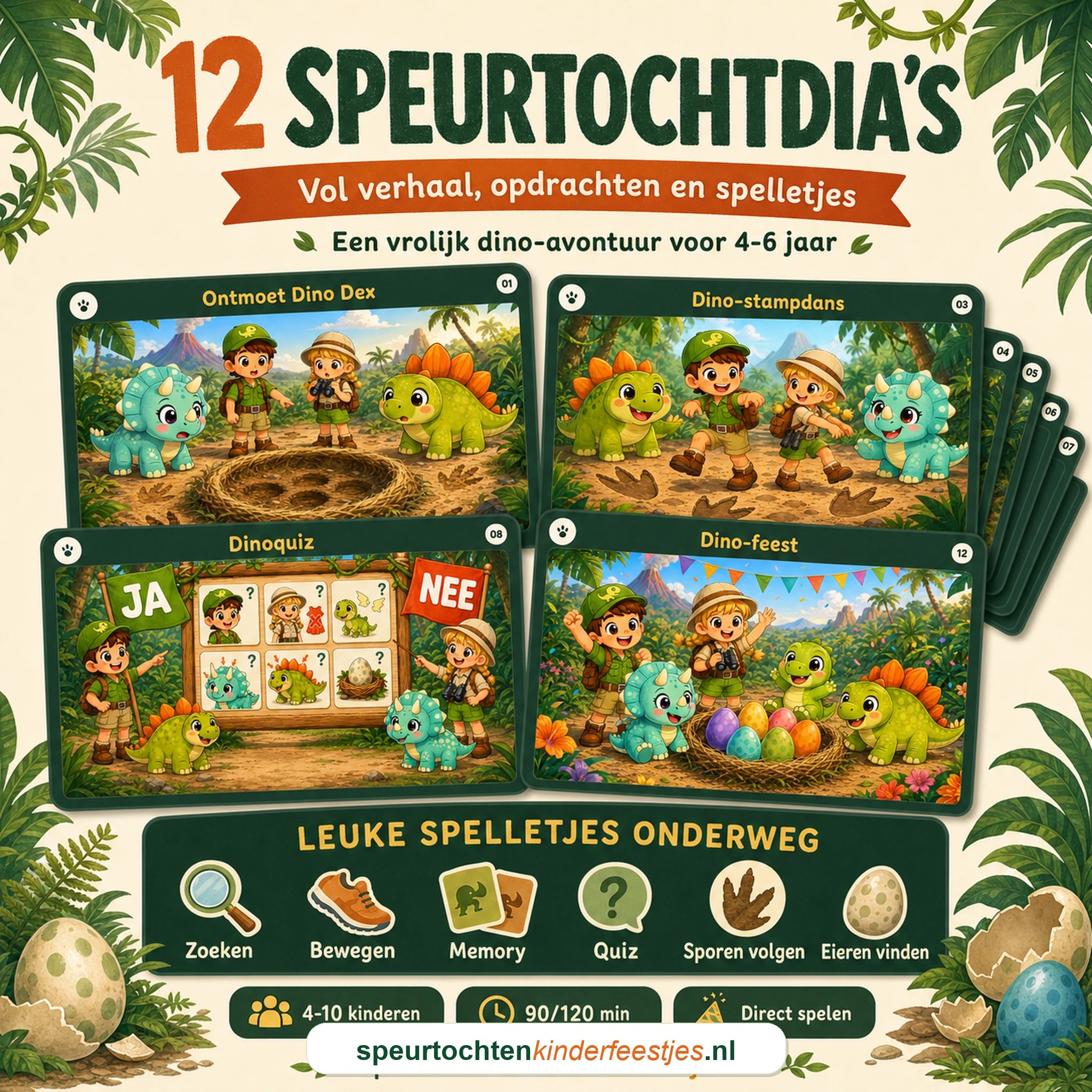 Voorbeeld van twaalf Dino speurtochtdia's met verhaal, opdrachten en spelletjes
