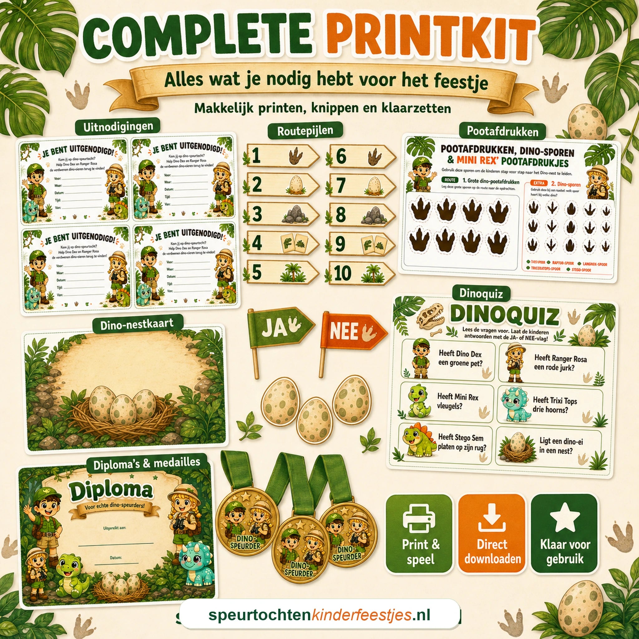 Dino printkit met uitnodigingen, spelmateriaal, diploma en extra onderdelen