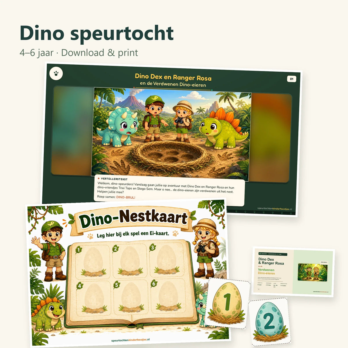 Compleet pakket: Dino speurtocht voor 4–6 jaar met prominent getoonde nestkaart, echte ei-kaarten, verhaal en draaiboek.