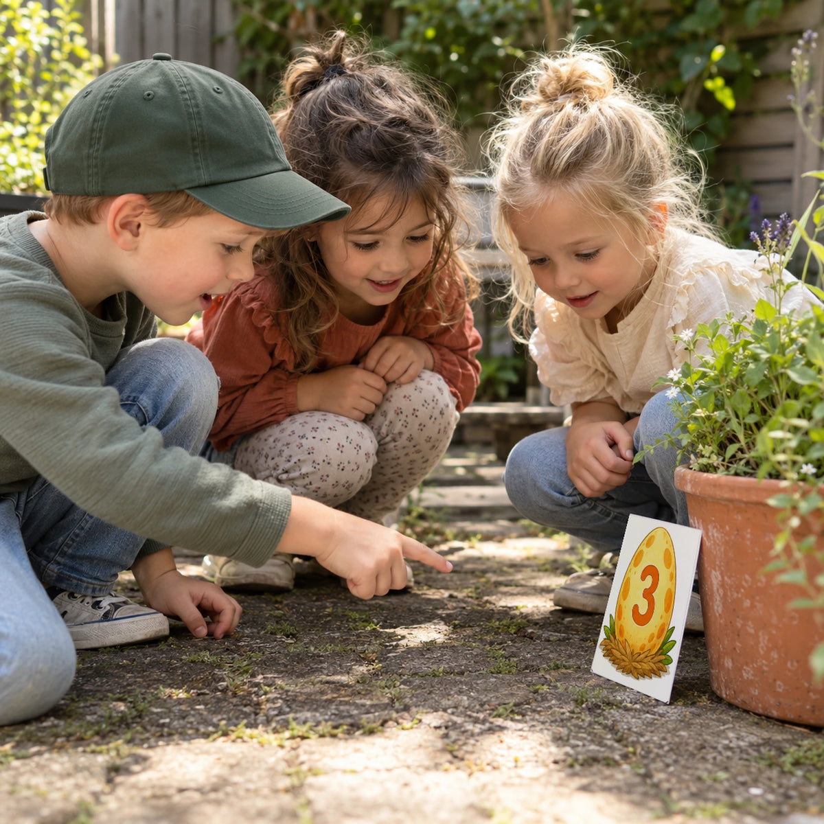 Kinderen spelen de Dino speurtocht en vinden een echte ei-kaart bij een bloempot; één jongen draagt een groene pet.