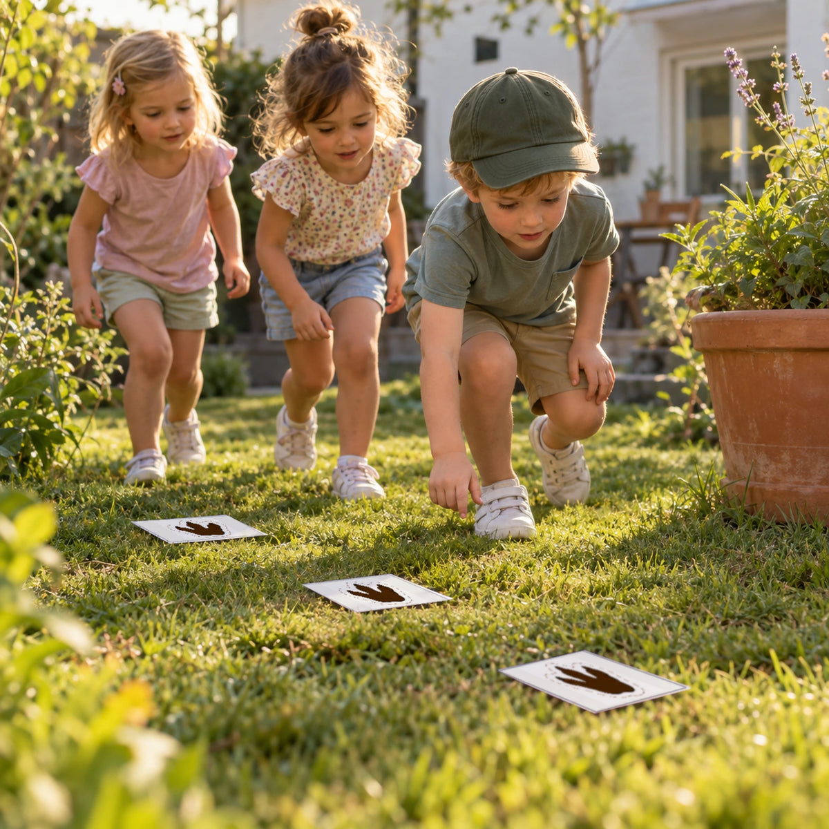 Kinderen volgen echte dino-sporen in de tuin; één jongen draagt een eenvoudige groene pet.