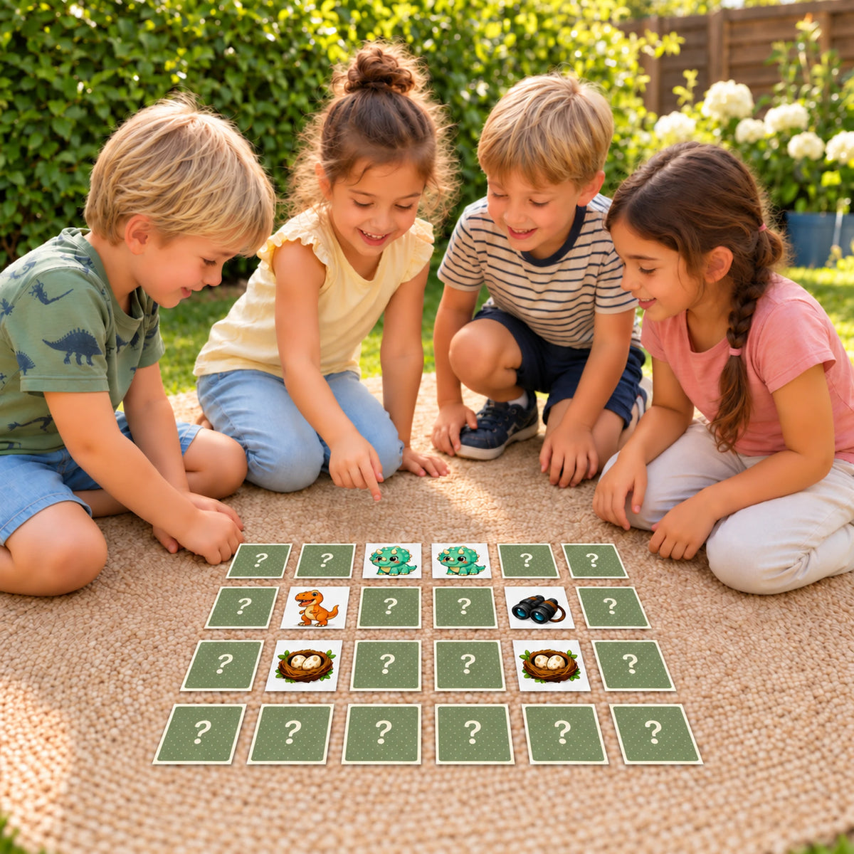 Vier kinderen spelen Dino memory met twee gevonden paren, twee verschillende open kaarten en achttien kaarten met een achterkant.