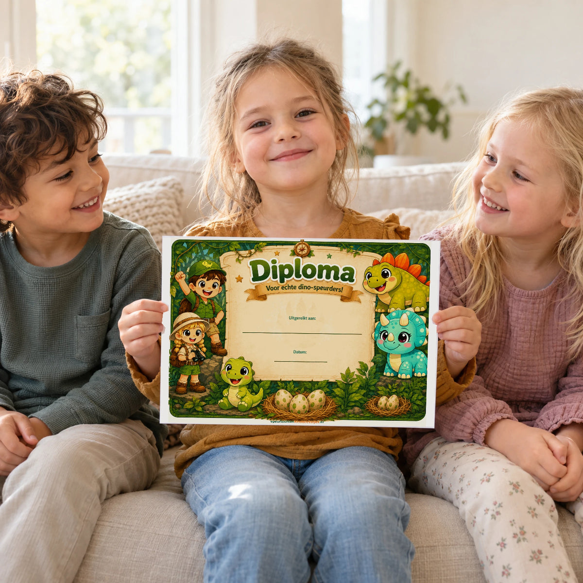 Kinderen vieren hun Dino-avontuur met het originele diploma.