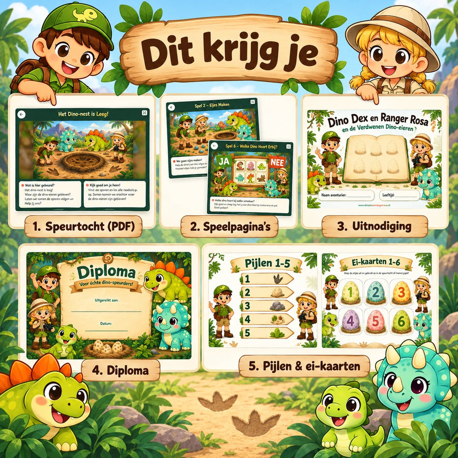 Inhoud van de dino speurtocht met presentatie, printkit, draaiboek en printables voor 4-6 jaar