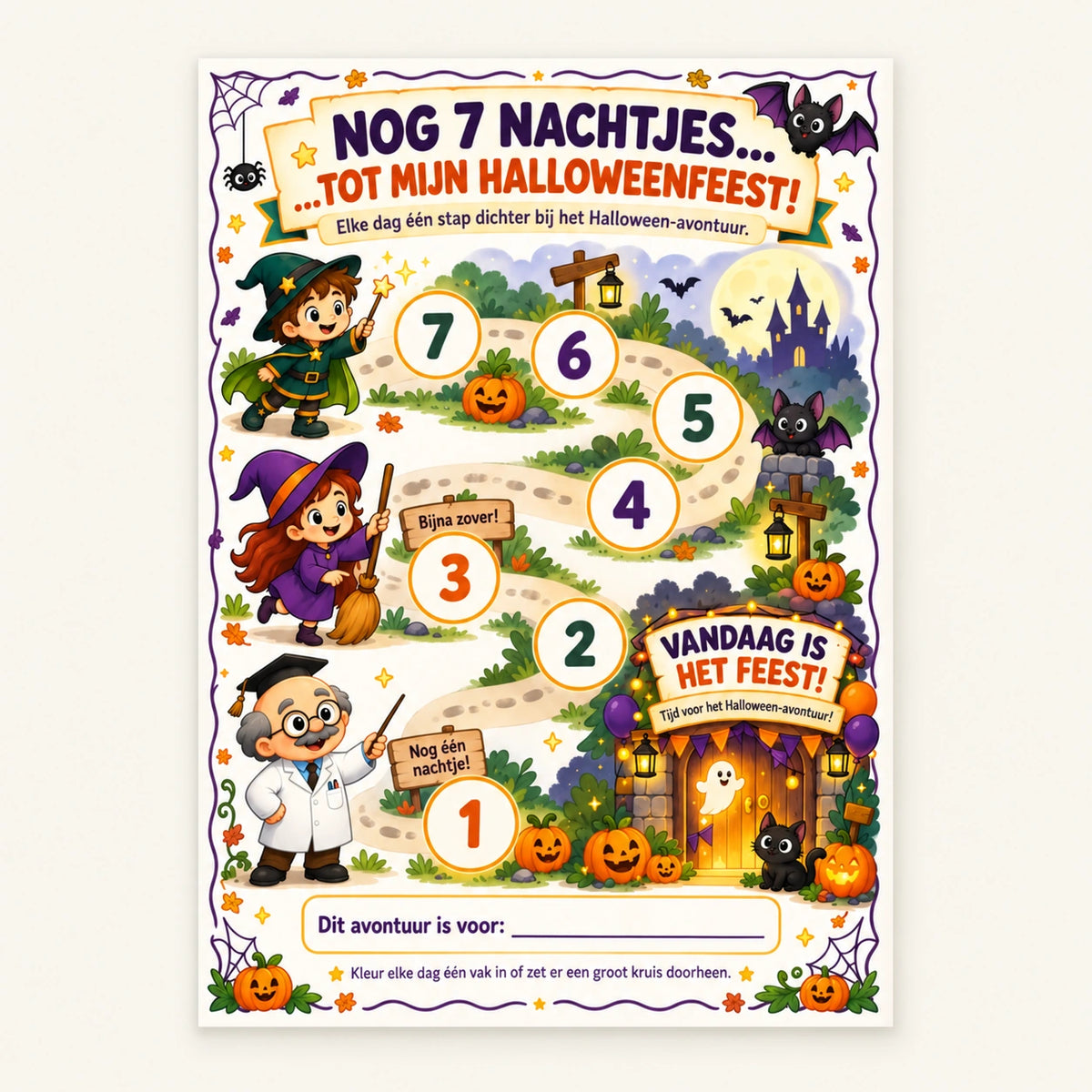 Printbare Halloween-aftelkalender met zeven nachtjes tot het kinderfeestje, op een lichte achtergrond.