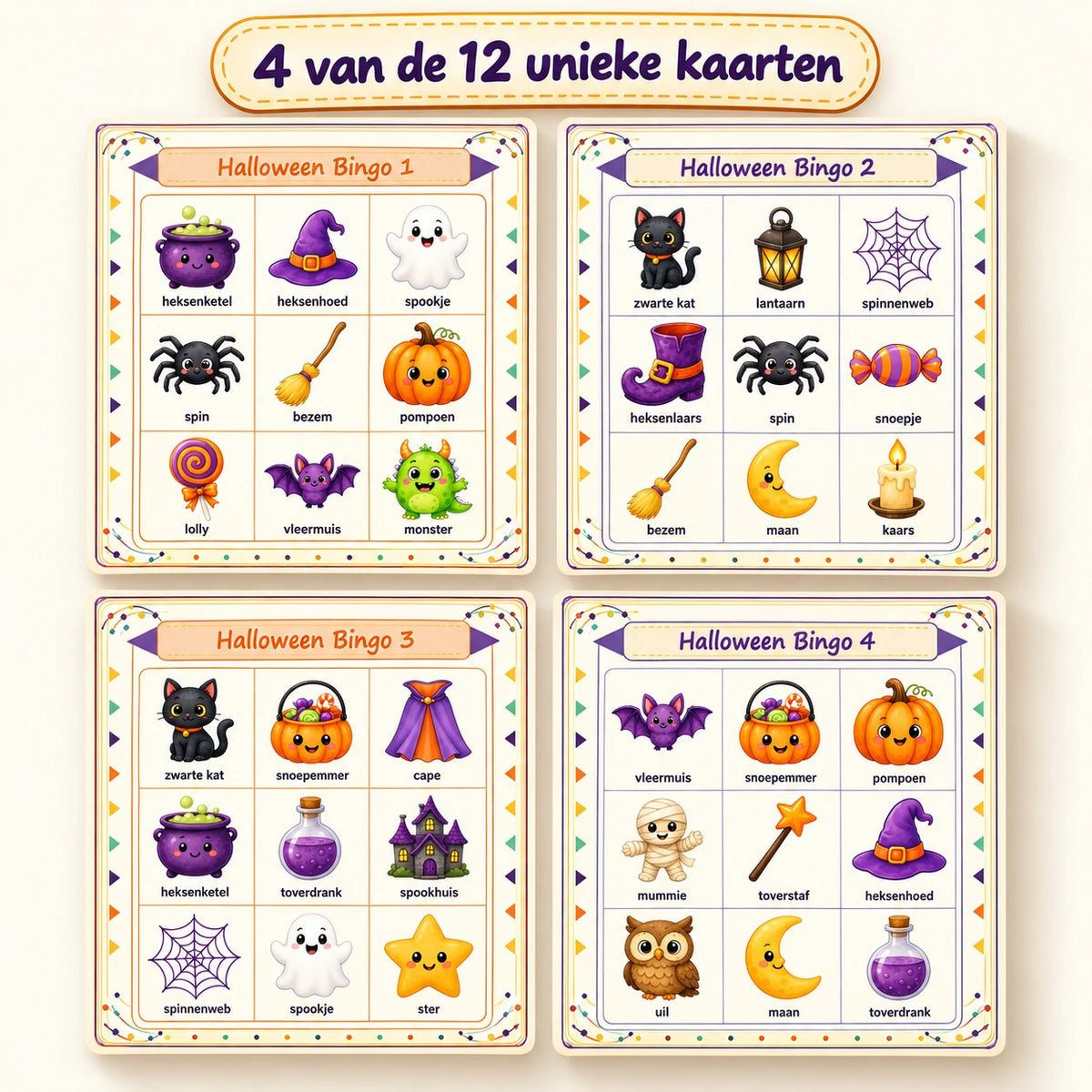 Vier voorbeelden van de twaalf unieke Halloween bingokaarten