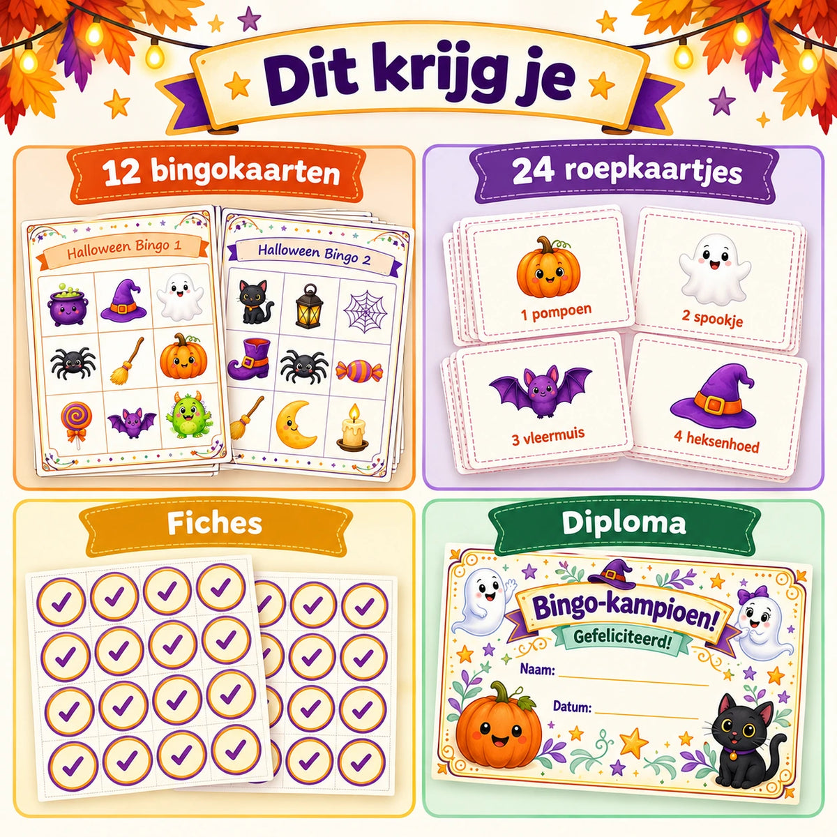 Inhoud van Halloween bingo: bingokaarten, roepkaartjes, fiches en diploma