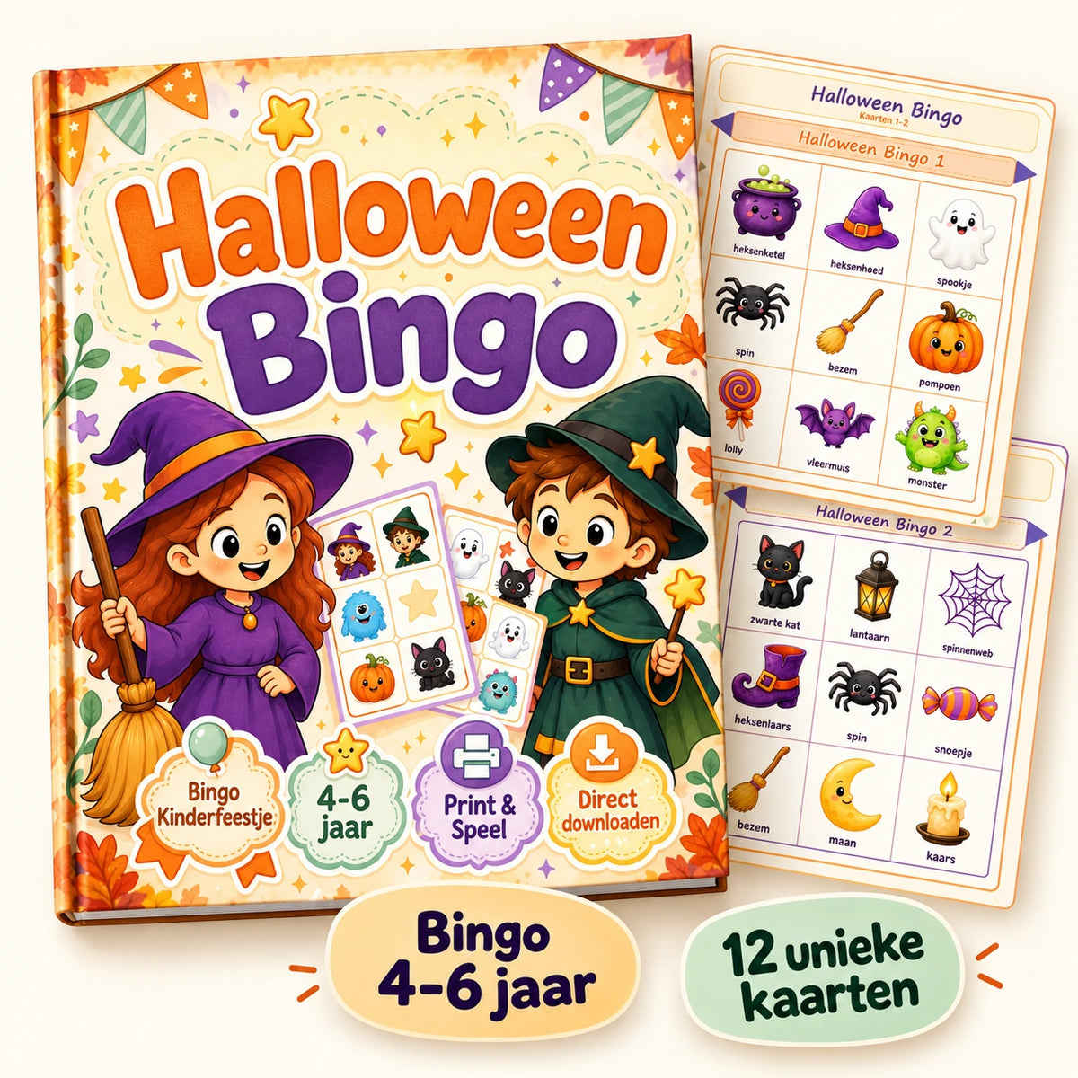 Halloween bingo voor 4–6 jaar: compleet pakket met bingokaarten en spelmateriaal