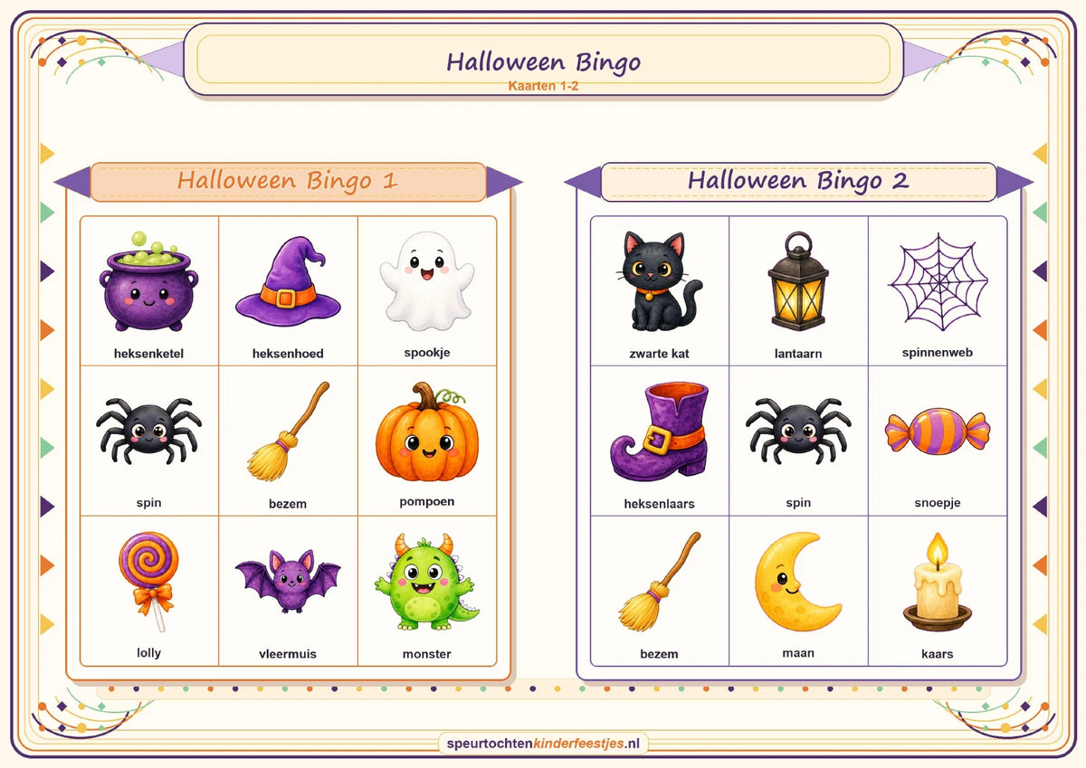 Echte PDF-pagina uit Halloween bingo: bingokaarten 1 en 2 met Nederlandse afbeeldingsnamen