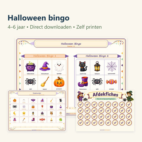 Compleet pakket halloween bingo met originele productvoorbeelden voor een kinderfeestje.