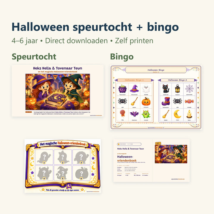 Compleet pakket halloween speurtocht + bingo met originele productvoorbeelden voor een kinderfeestje.