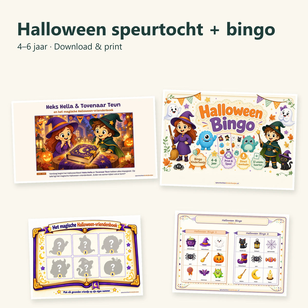 Compleet pakket: Halloween bundel met speurtocht en bingo naast elkaar, inclusief vriendenboek uit de printkit en echte bingokaarten.