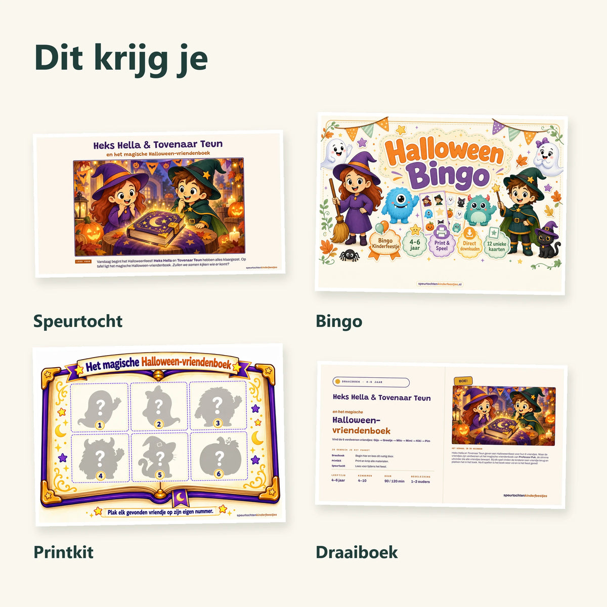 De halloween bundel bevat speurtocht, bingo, printkit en draaiboek, getoond met echte productpagina’s.