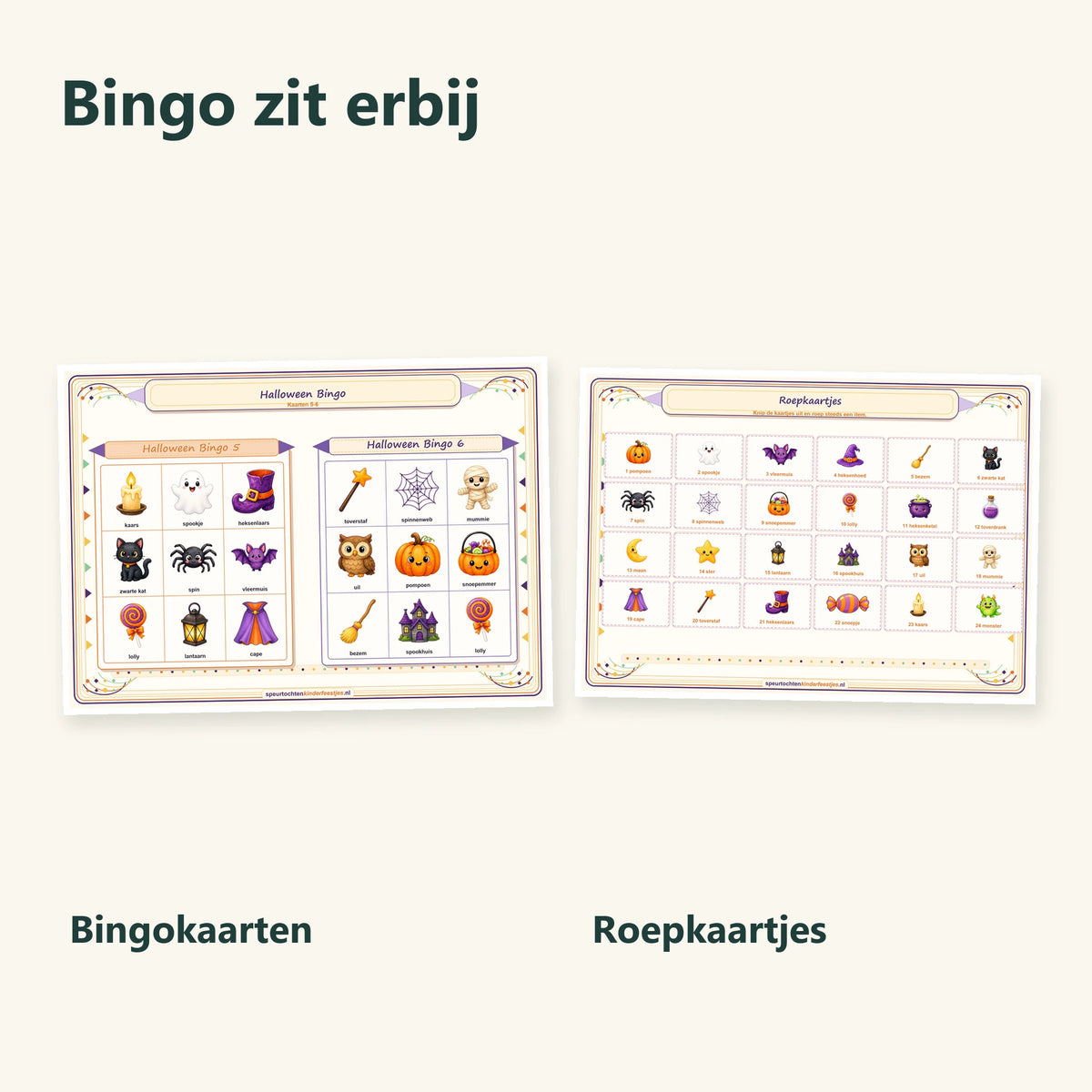 Echte halloween bingokaarten en roepkaartjes uit de speurtocht en bingo bundel.