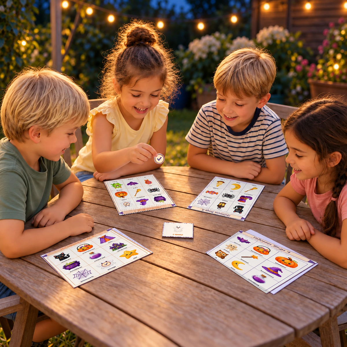 Kinderen spelen halloween bingo met de echte bingokaarten en afdekfiches. Vriendelijke schemersfeer voor jonge kinderen.