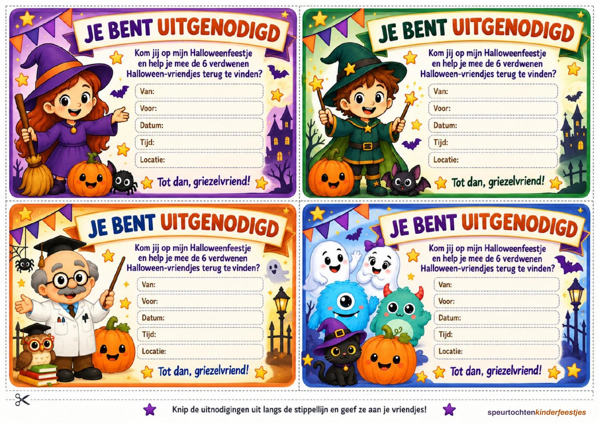 Echte PDF-pagina uit de Halloween printkit: vier invulbare uitnodigingen voor het kinderfeestje