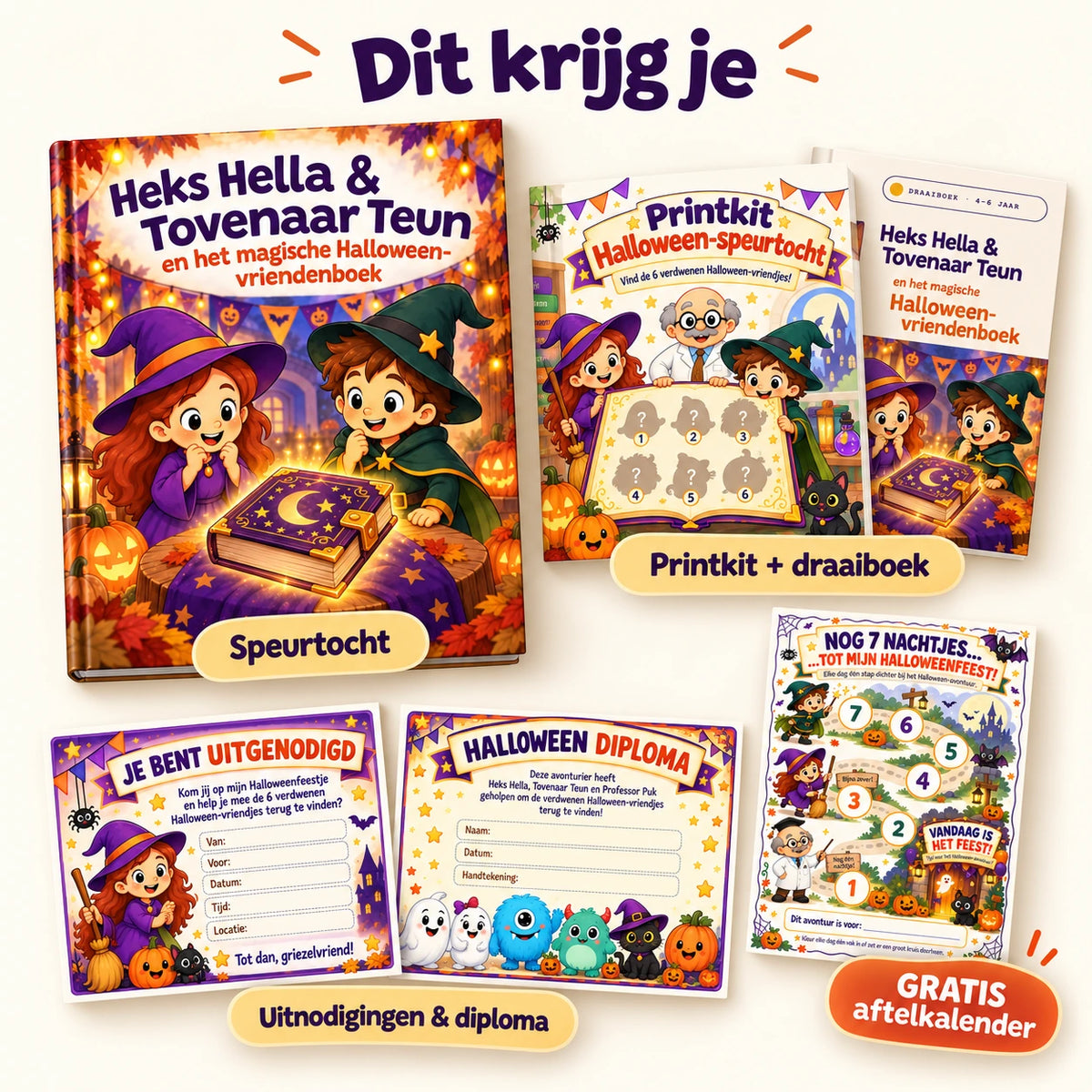 Inhoud van de Halloween speurtocht: printkit, draaiboek, uitnodigingen en diploma