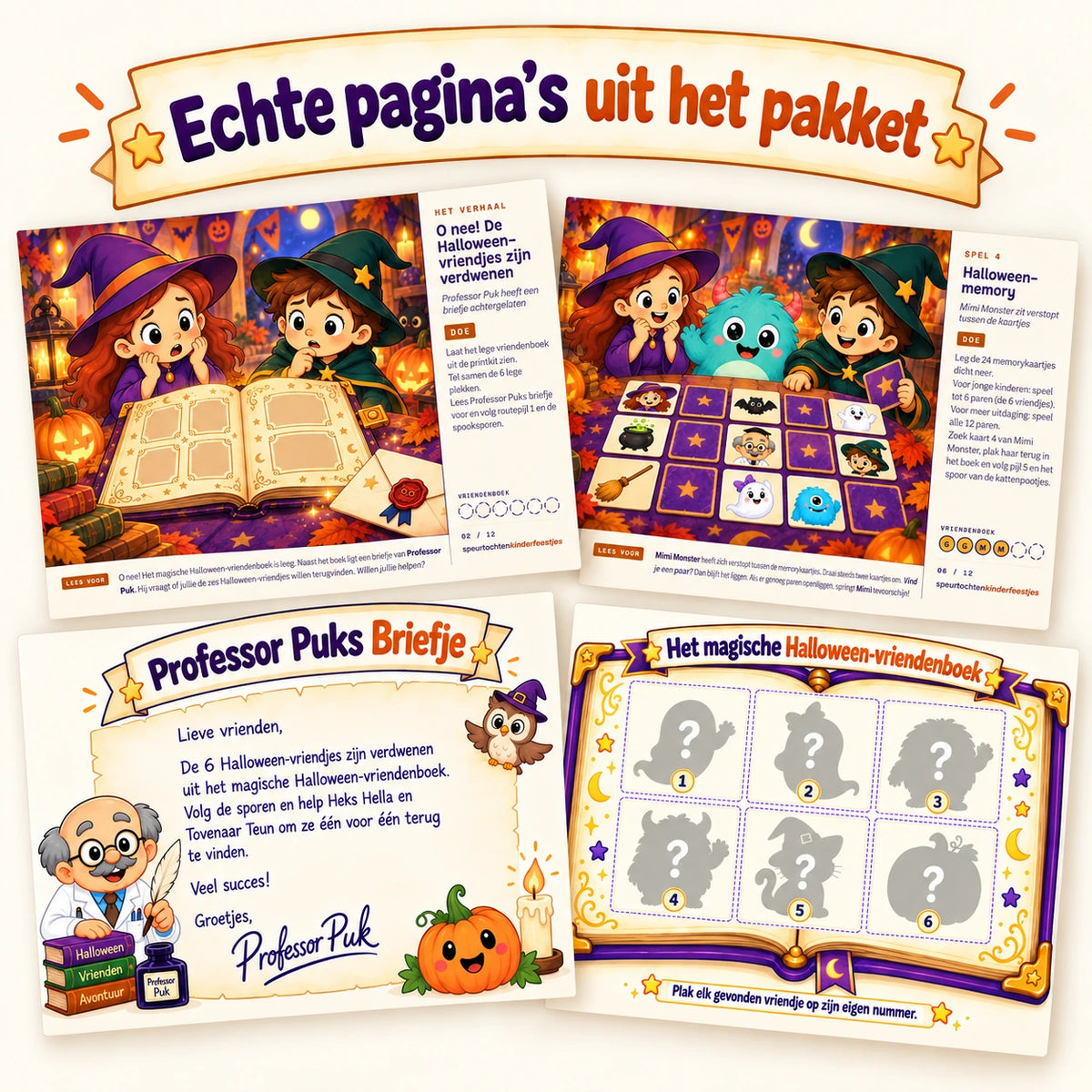 Voorbeelden van echte pagina’s uit de Halloween speurtocht voor kinderen van 4–6 jaar