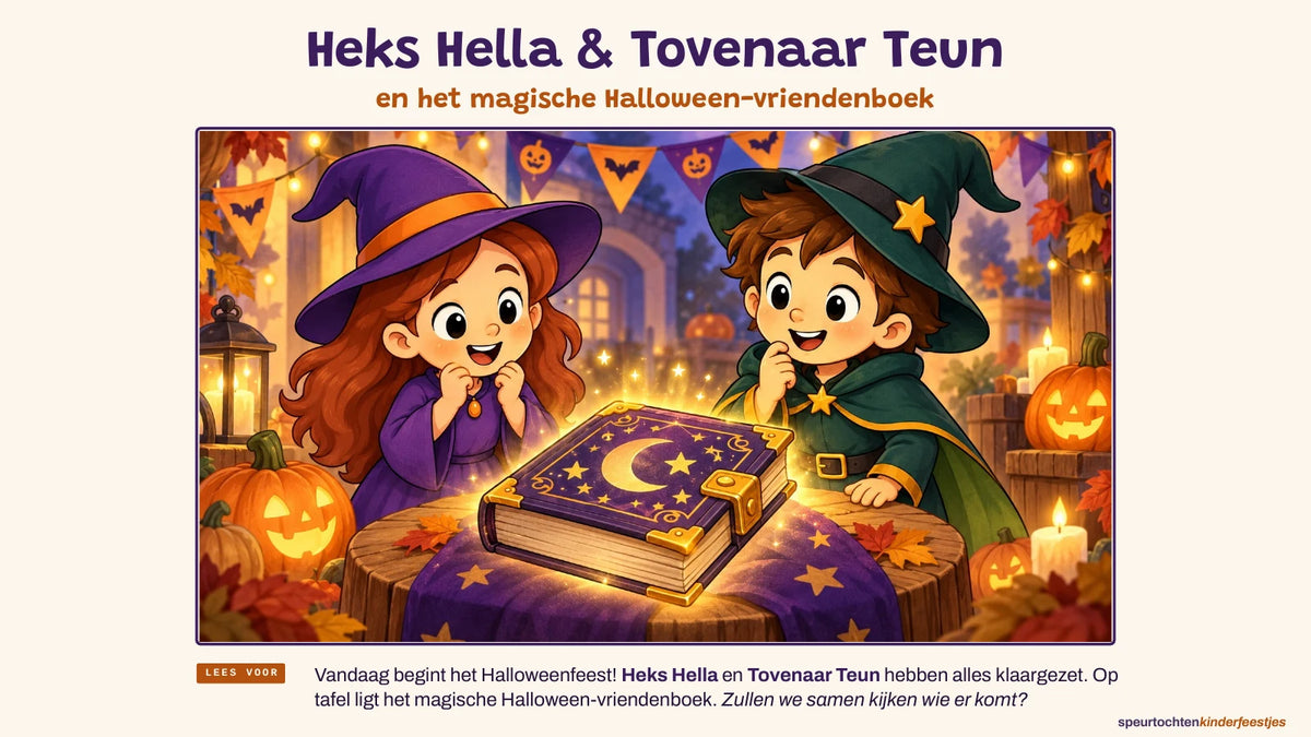 Echte PDF-pagina uit de Halloween speurtocht: Heks Hella en Tovenaar Teun met het magische vriendenboek
