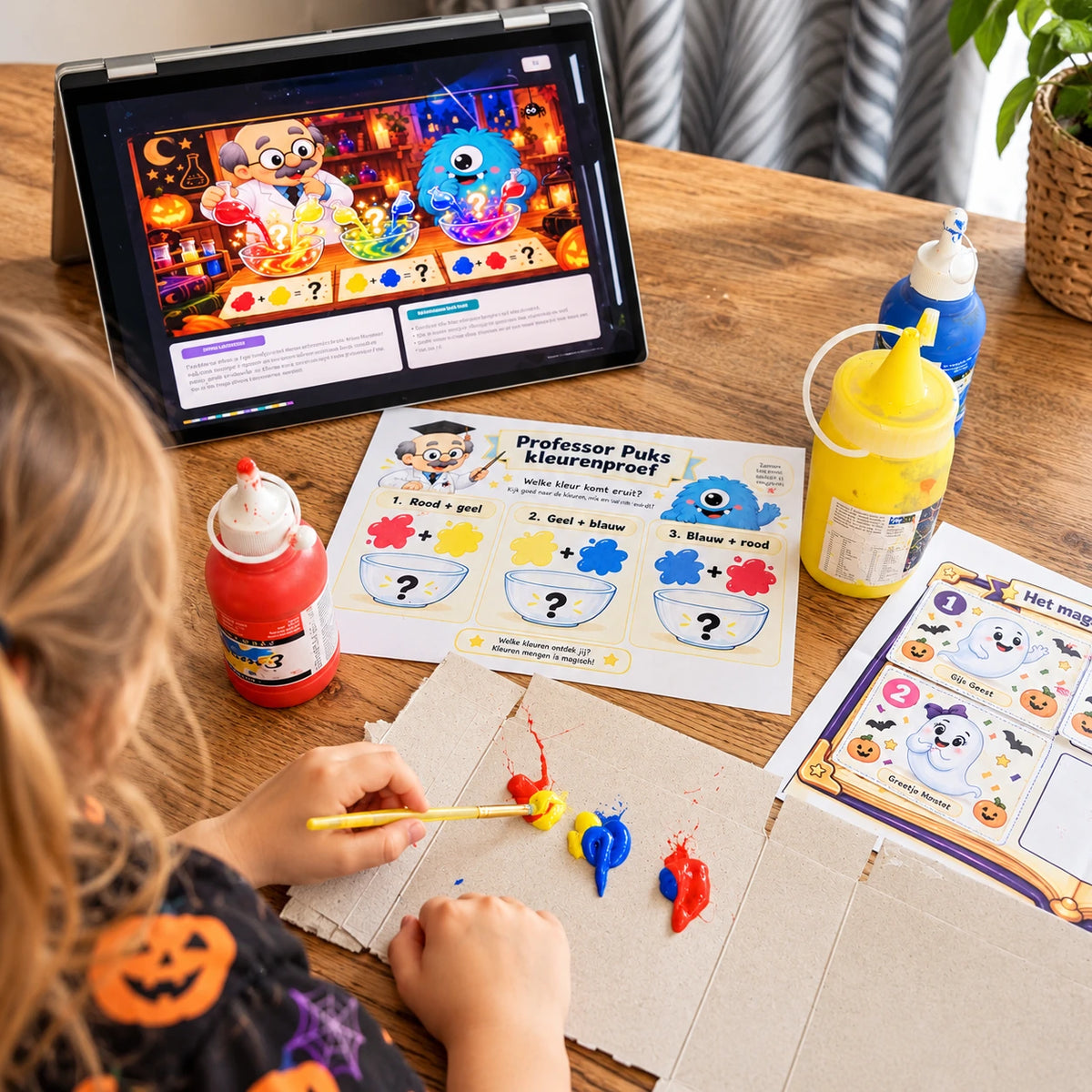 Kind voert een Halloween speurtochtopdracht uit aan tafel