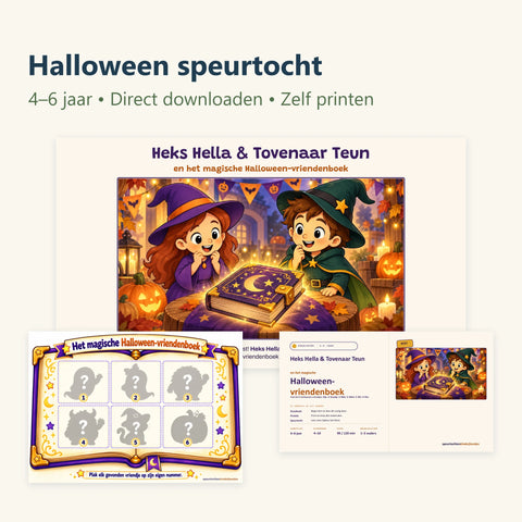 Compleet pakket halloween speurtocht met originele productvoorbeelden voor een kinderfeestje.