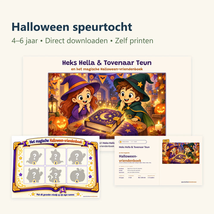 Compleet pakket halloween speurtocht met originele productvoorbeelden voor een kinderfeestje.
