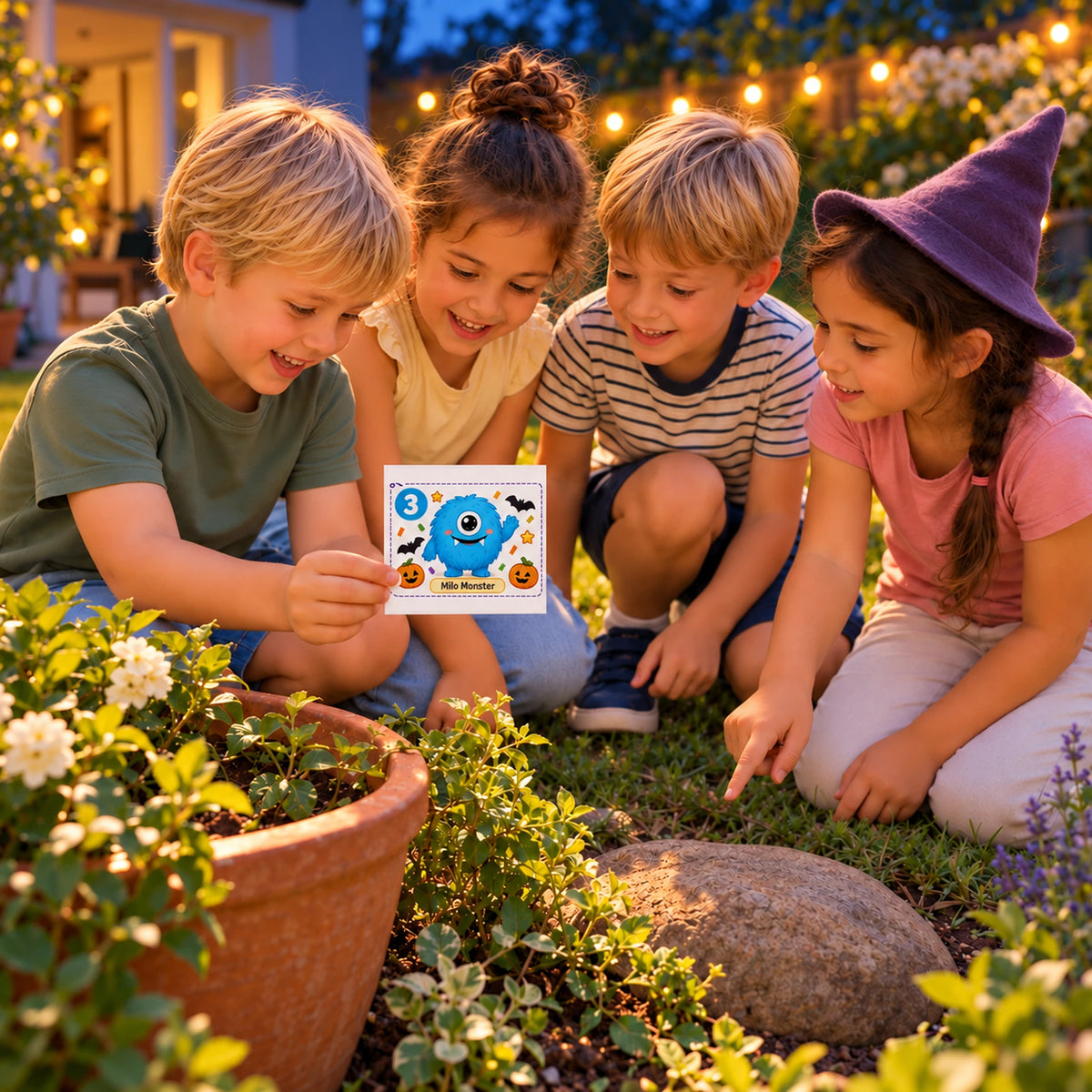 Kinderen spelen de halloween speurtocht in de tuin; één kind draagt een klein passend verkleedaccent. Vriendelijke schemersfeer voor jonge kinderen.