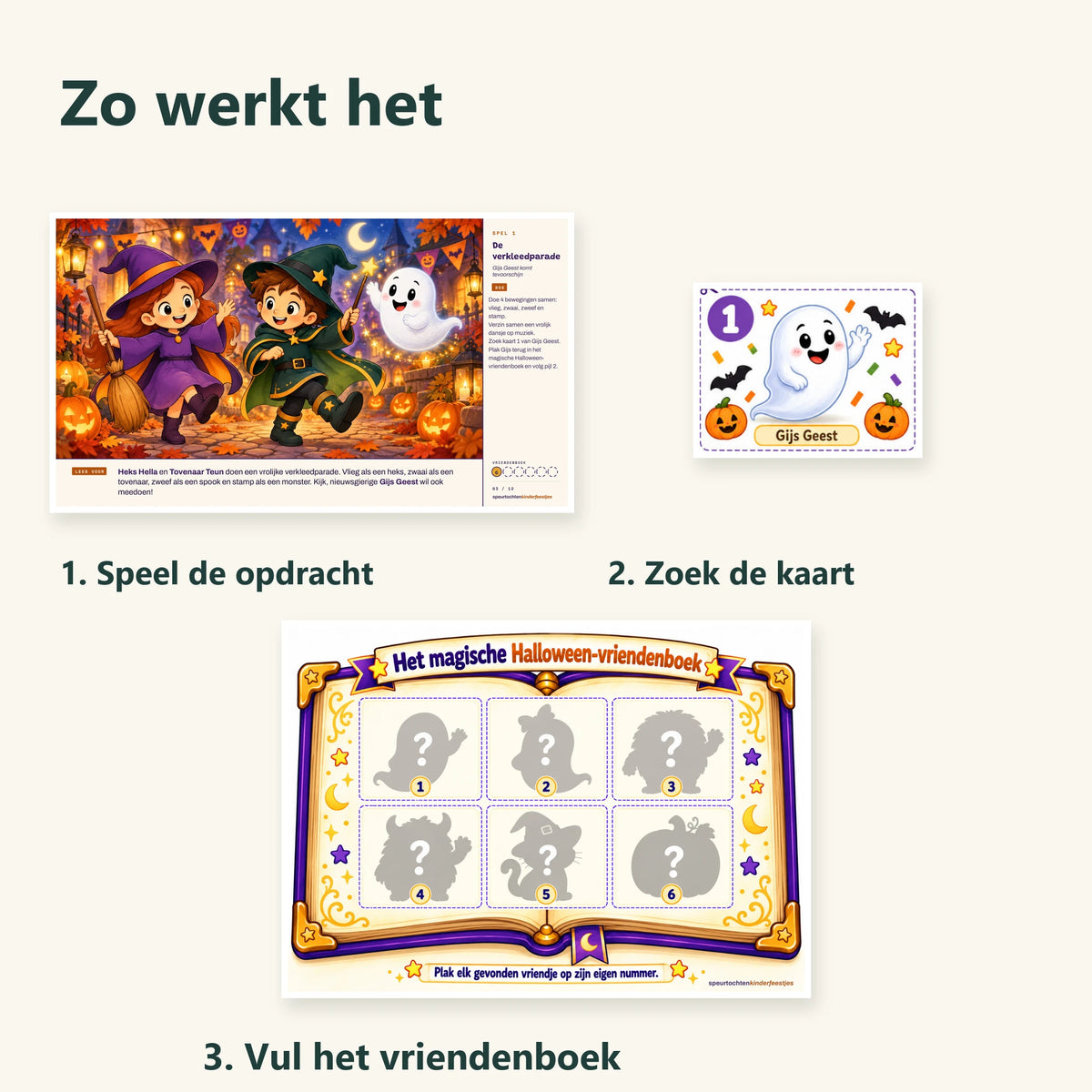 Drie stappen uit de halloween speurtocht: speel de opdracht, zoek de kaart en gebruik het echte vriendenboek.