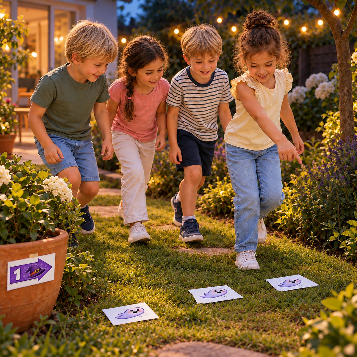 Kinderen volgen de printbare halloween routepijlen en sporen in de tuin. Vriendelijke schemersfeer voor jonge kinderen.