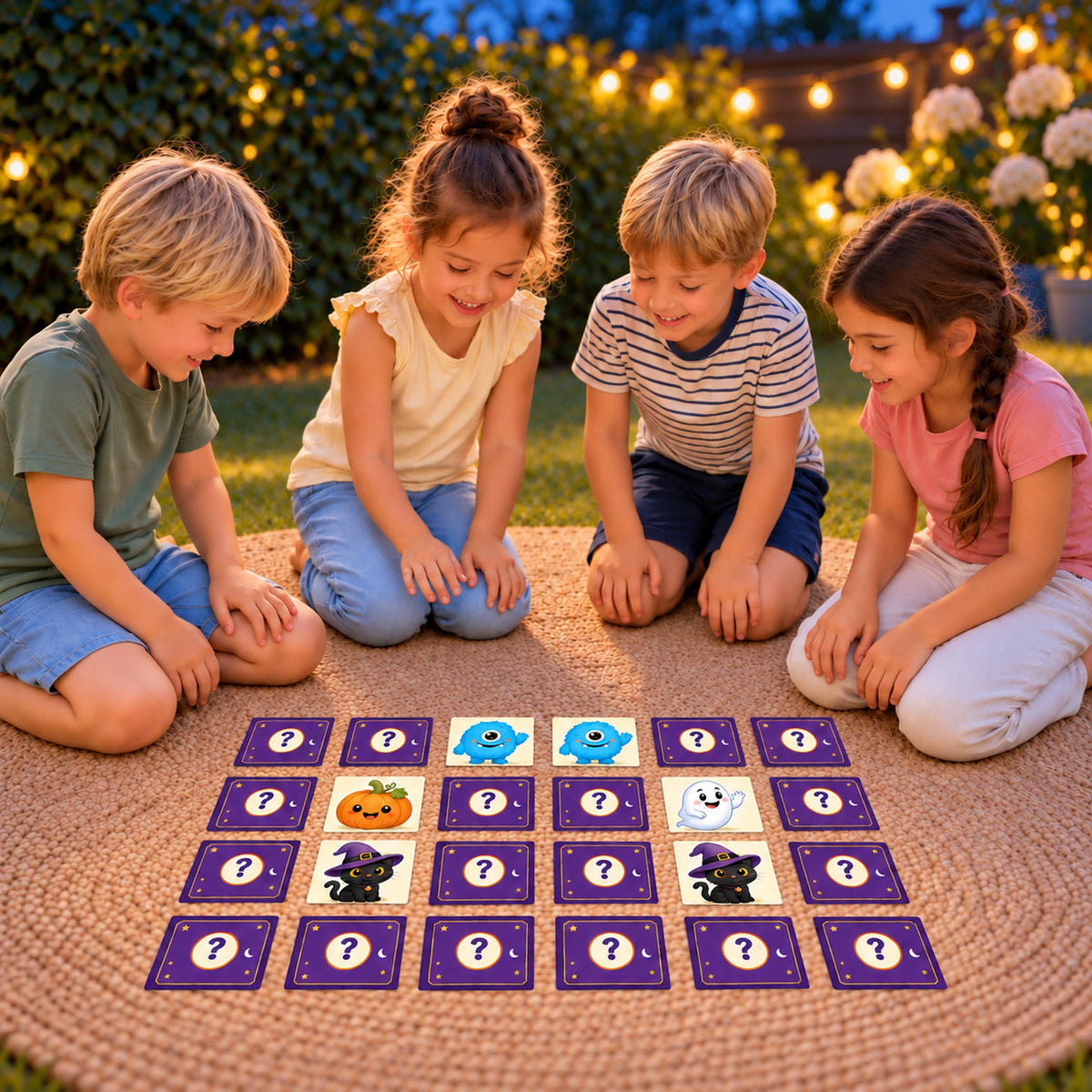Warm spelbeeld van het halloween memoryspel met bedekte kaarten, gevonden paren en twee verschillende open kaarten. Vriendelijke schemersfeer voor jonge kinderen.