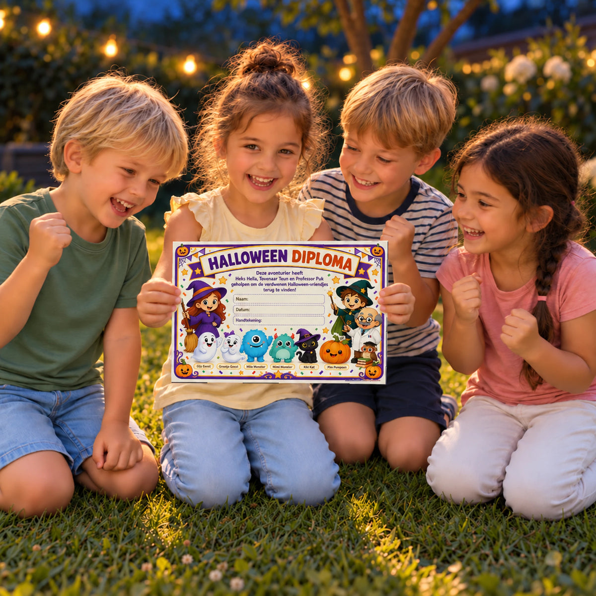 Kinderen vieren het einde van de halloween speurtocht met hun printbare diploma. Vriendelijke schemersfeer voor jonge kinderen.