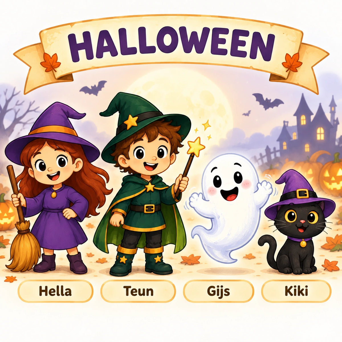 Halloween speurtocht voor een kinderfeestje van 4–6 jaar met Heks Hella, Tovenaar Teun, Gijs het spook en Kiki de kat