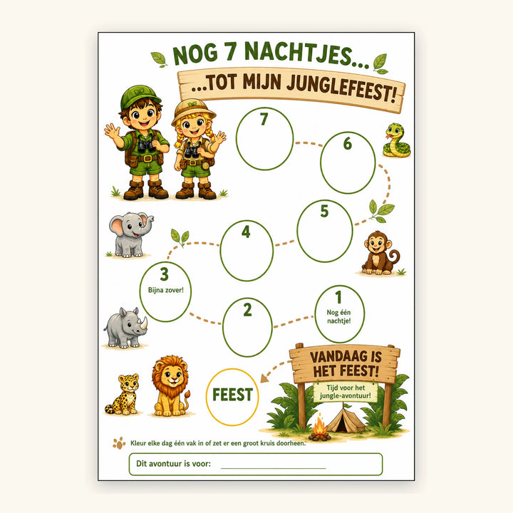 Jungle aftelkalender voor een kinderfeestje - printbare kalender