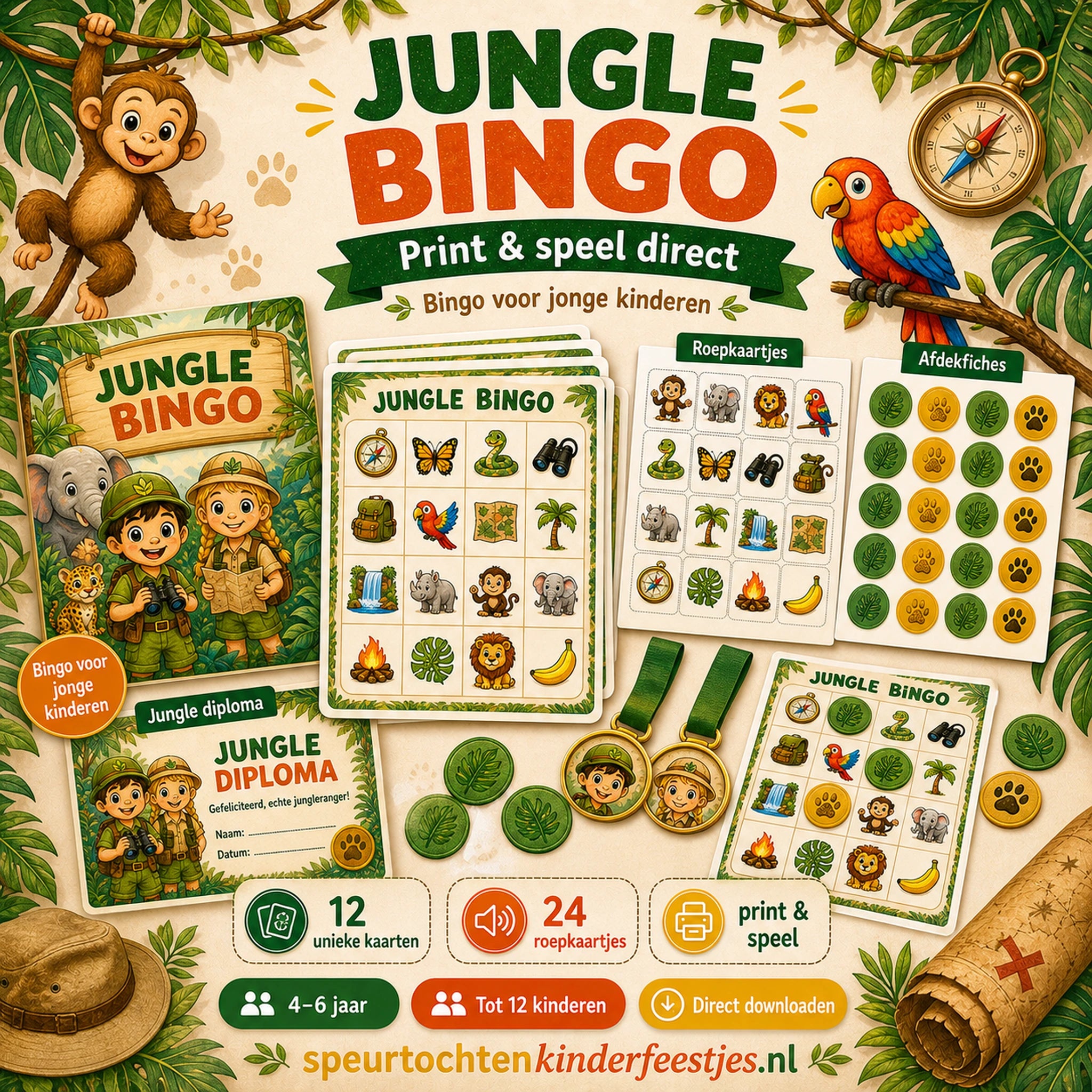 Mockup van Jungle bingo met bingokaarten, roepkaartjes en afdekfiches