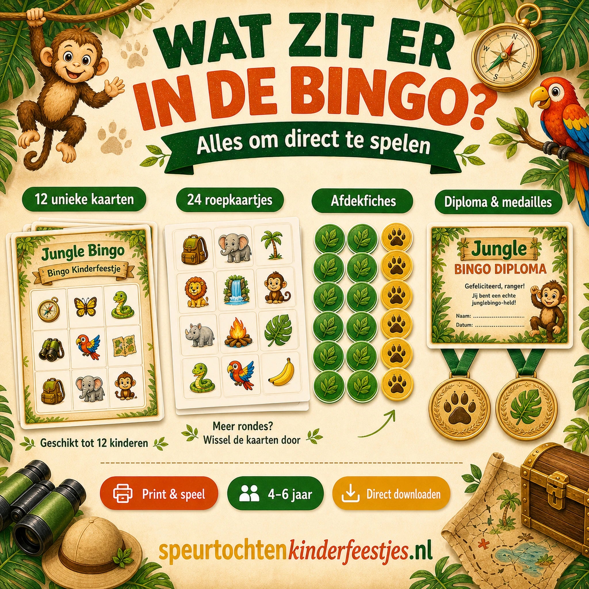 Overzicht van de Jungle bingo set met 12 unieke kaarten, 24 roepkaartjes en extra's