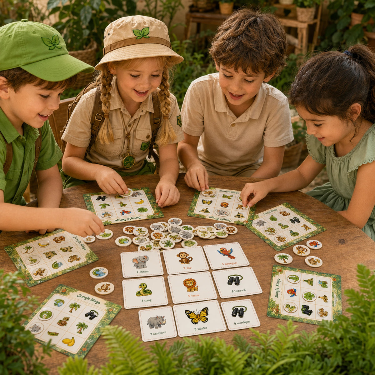 Kinderen spelen samen de Jungle bingo aan tafel.