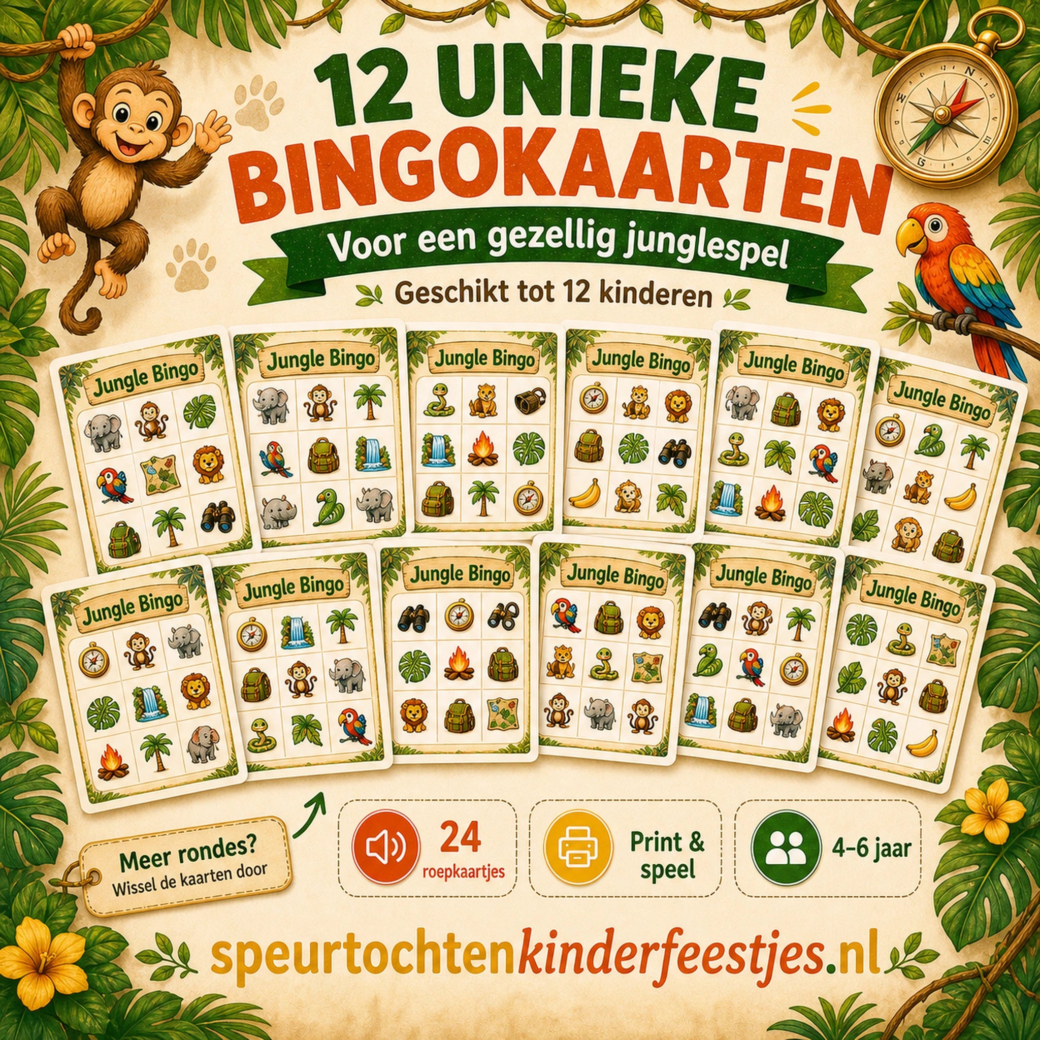 Twaalf unieke Jungle bingokaarten voor kinderen van 4 tot 6 jaar