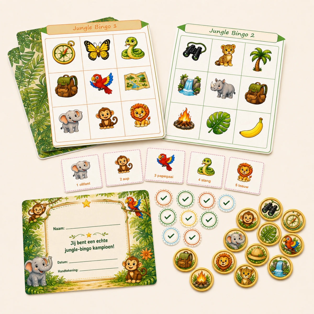 Complete inhoud van de Jungle bingo met kaarten en spelmateriaal.