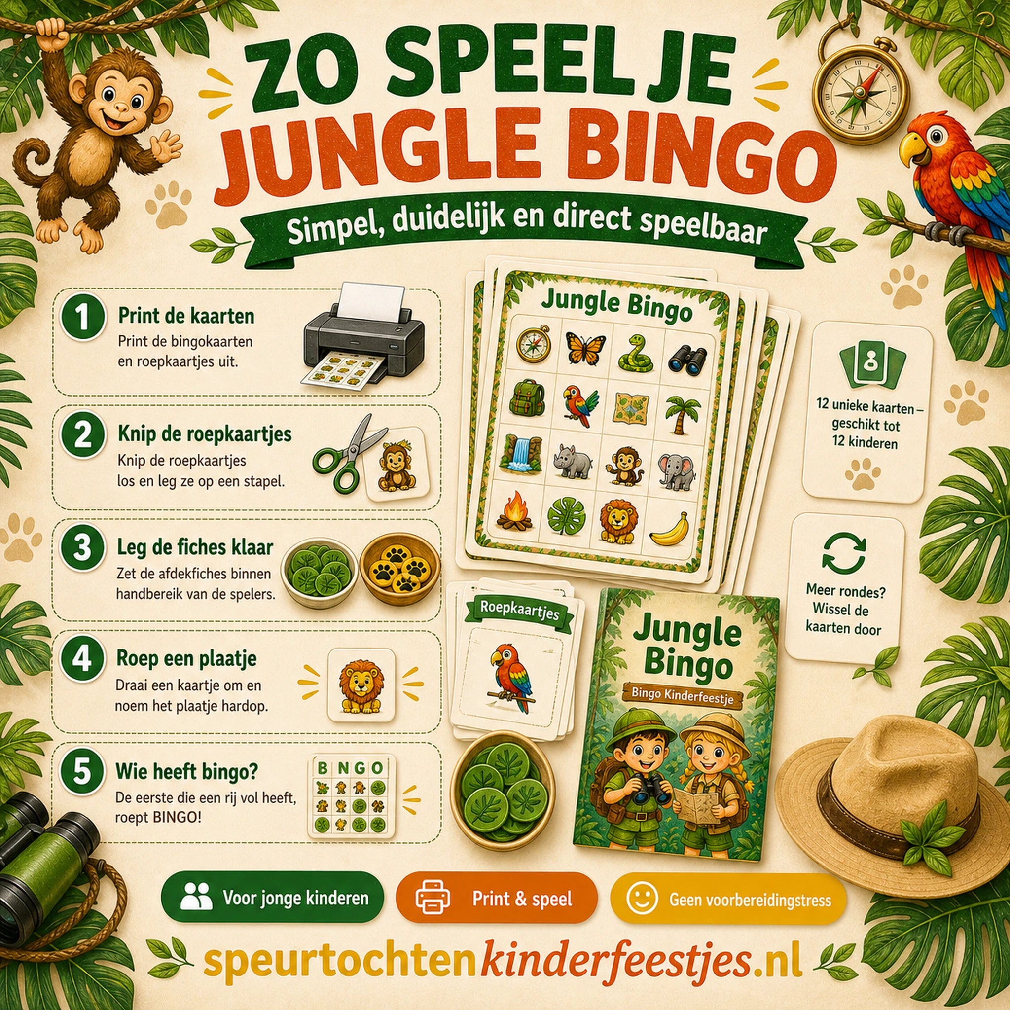 Uitlegbeeld voor het spelen van Jungle bingo met kaarten, roepkaartjes en fiches
