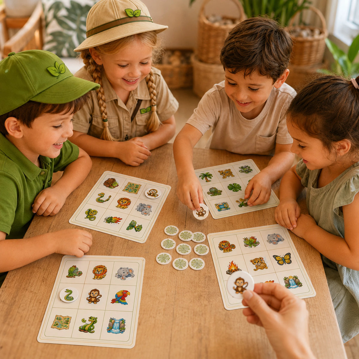Uitleg van het spelen van de Jungle bingo met roepkaartjes en fiches.