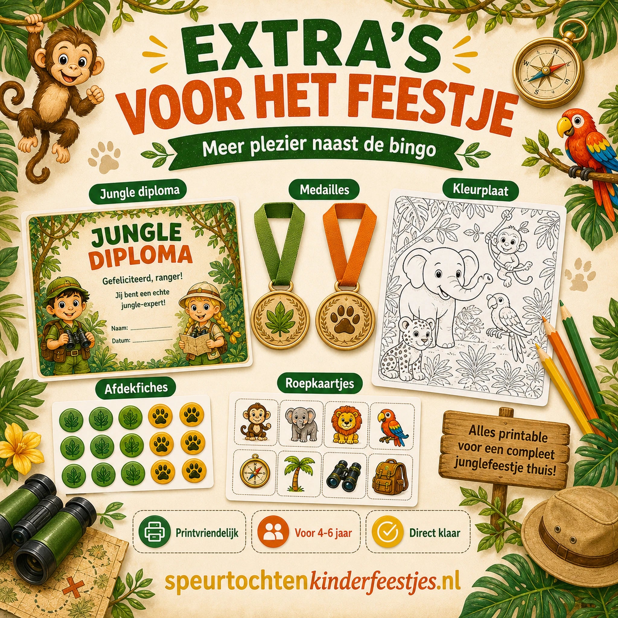 Extra printbare Jungle bingo materialen zoals diploma, medailles, kleurplaat en fiches