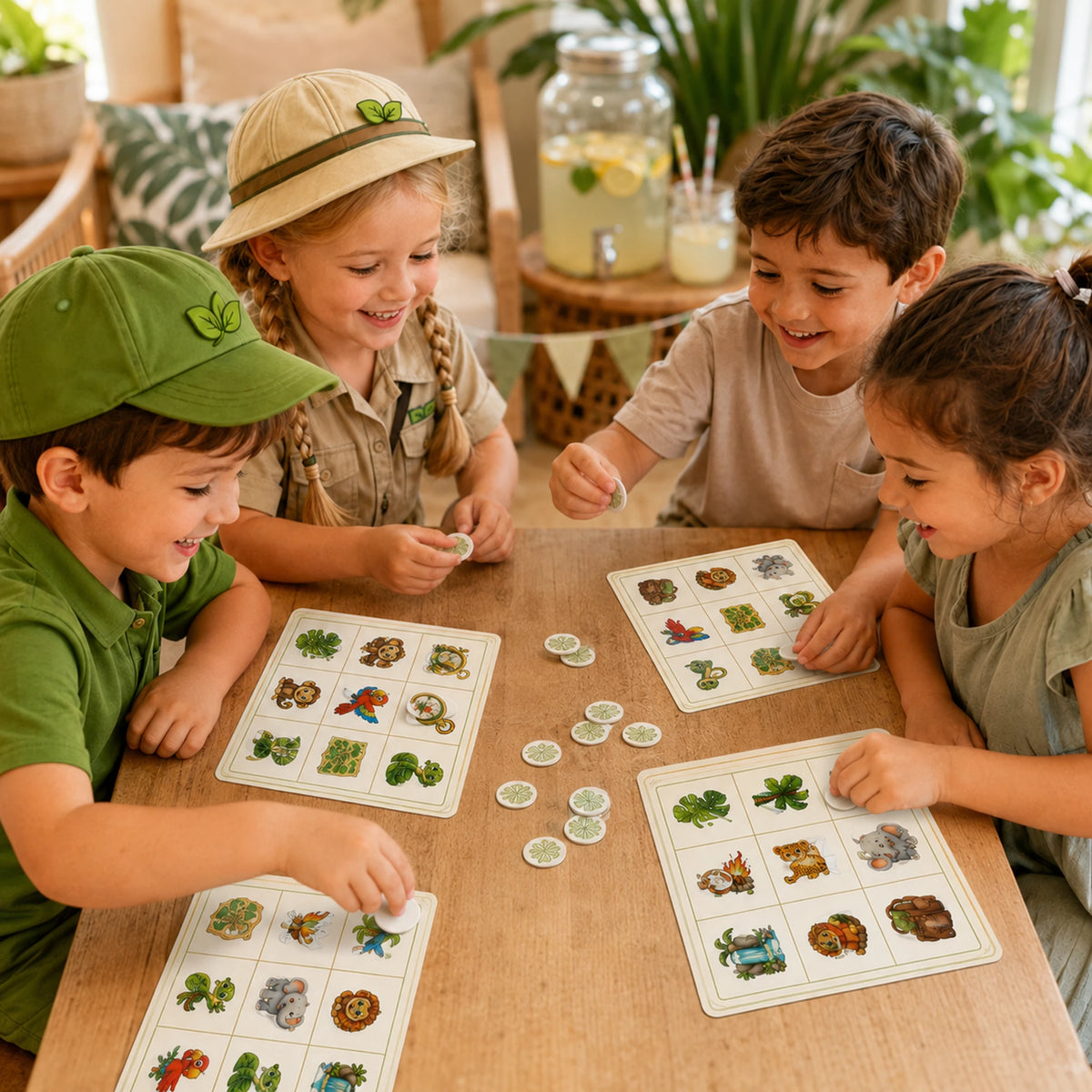 Rustig spelmoment met de Jungle bingo tijdens een kinderfeestje.