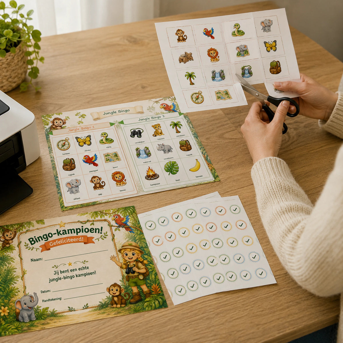 Ouder bereidt de printbare Jungle bingo voor.